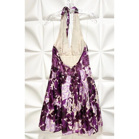 Adrianna Papell Sz 8 Purple Silk Blend Floral Print m Deep V Neck Halter Dress - Picture 3 of 5